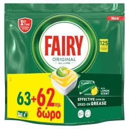 FAIRY | Κάψουλες Πλυντηρίου Πιάτων All in One Original Λεμόνι 63+62 Τεμάχια Δώρο