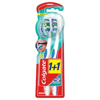 COLGATE | Οδοντόβουρτσα 360 Μέτρια 2 Τεμάχια 1+1 Δώρο