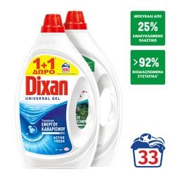 DIXAN | Υγρό Απορρυπαντικό Ρούχων Universal Gel 33 Μεζούρες 1+1 Δώρο