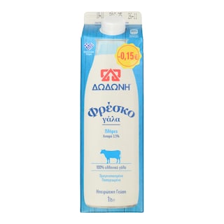 ΔΩΔΩΝΗ | ΔΩΔΩΝΗ ΓΑΛΑ ΦΡΕΣΚΟ ΠΛΗΡ 1LT 0.15Ε Πλήρες 3.5% Λιπαρά 1lt Έκπτωση 0.15Ε