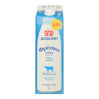 ΔΩΔΩΝΗ | Φρέσκο Γάλα Πλήρες 3.5% Λιπαρά 1lt Έκπτωση 0.15Ε