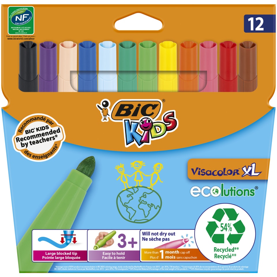 BIC Μαρκαδόροι Ζωγραφικής Kids Visacolor XL Διάφορα Χρώματα 12 Τεμάχια