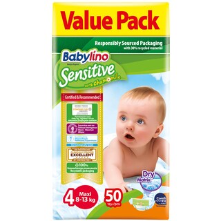 BABYLINO | Πάνες Μωρού Sensitive Χαμομήλι Νο4 50 Τεμάχια