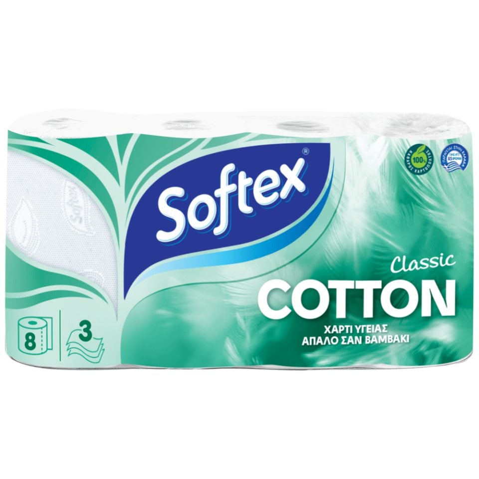 SOFTEX Χαρτί Υγείας Cotton Classic 3 Φύλλα 8 Ρολά 624g