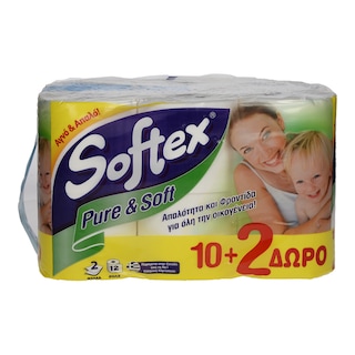SOFTEX | ΧΑΡΤΙ ΥΓΕΙΑΣ PURE AND SOFT 2 ΦΥΛΛΑ 12 ΤΕΜ