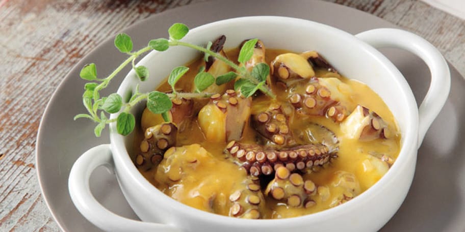 Χταπόδι σαγανάκι με σάλτσα μουστάρδας