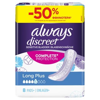 ALWAYS | DISCREET | Σερβιέτες Discreet Long Plus 8 Τεμάχια Έκπτ. 50%