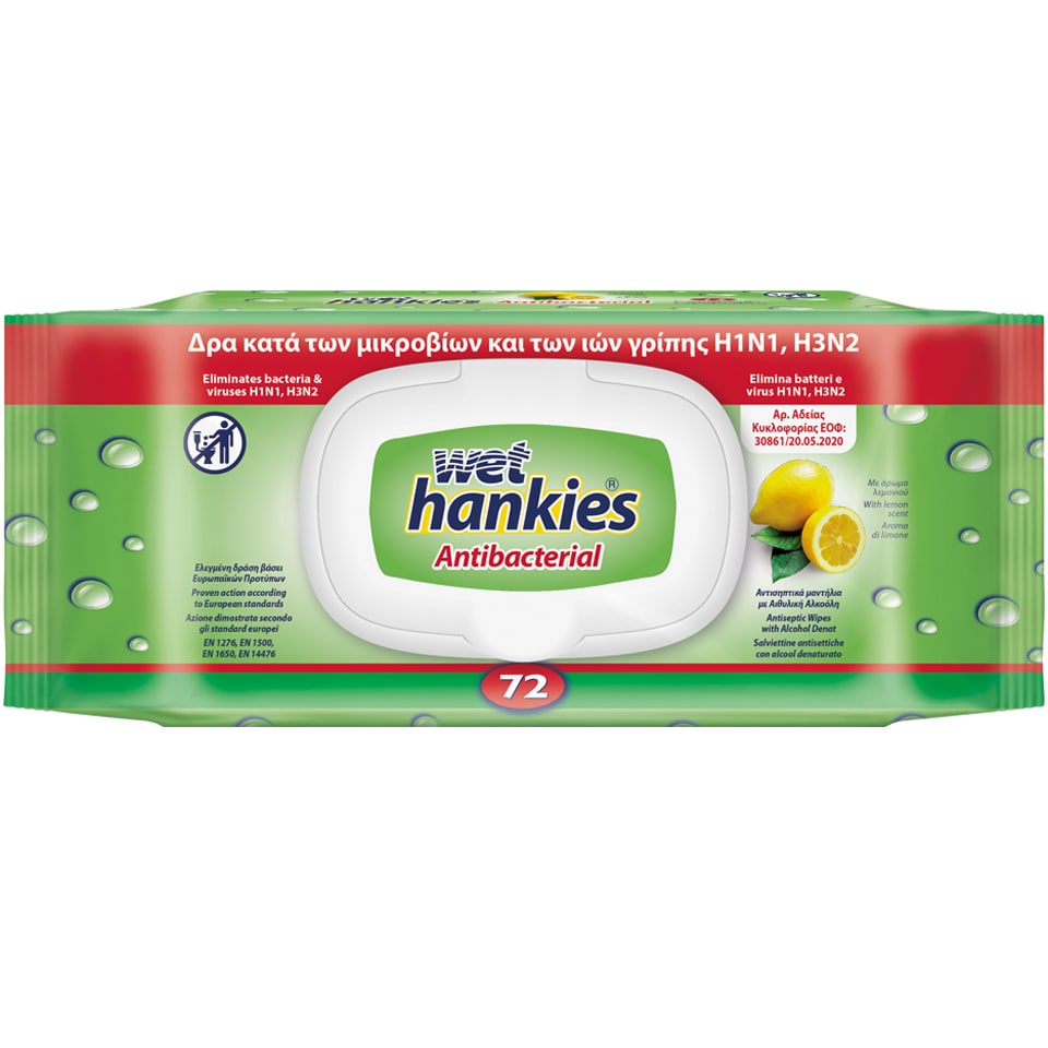 WET HANKIES Αντιβακτηριδιακά Μαντηλάκια Clean & Refresh Lemon 72 Τεμάχια