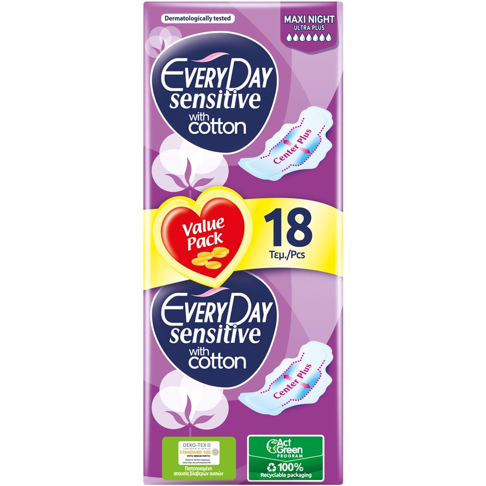 EVERY DAY Σερβιέτες Ultra Plus Sensitive Maxi Night 18 Τεμάχια