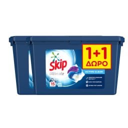 SKIP | Kάψουλες Πλυντηρίου Ρούχων Ultimate Active Clean Trio 15 Μεζούρες 1+1 Δώρο