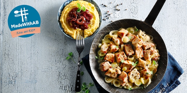 Χοιρινή τηγανιά με φάβα και καραμελωμένο κρεμμύδι