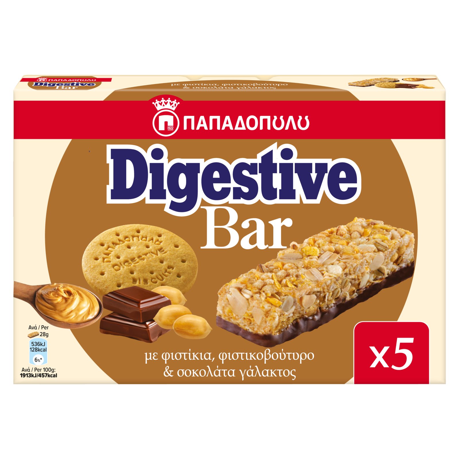 ΠΑΠΑΔΟΠΟΥΛΟΥ Μπάρες Δημητριακών Digestive Φιστικοβούτυρο Σοκολάτα 5x28g