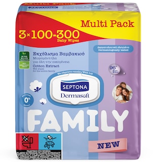 SEPTONA | Μωρομάντηλα Dermasoft Family Εκχύλισμα Βαμβακιού 3x100 Τεμάχια
