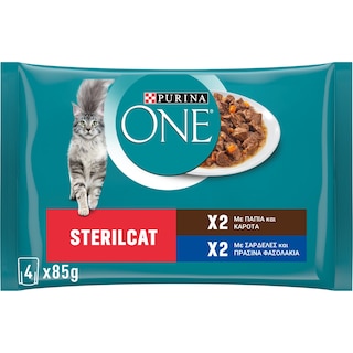 PURINA ONE | Γατοτροφή Sterilcat Πάπια Καρότα Σαρδέλες Φασολάκια 4x85g