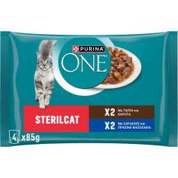 PURINA ONE | Γατοτροφή Sterilcat Πάπια Καρότα Σαρδέλες Φασολάκια 4x85g
