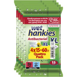 WET HANKIES | Αντιβακτηριδιακά Μαντηλάκια Λεμόνι XL 4x15 Τεμάχια