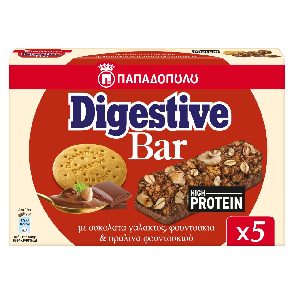 ΠΑΠΑΔΟΠΟΥΛΟΥ Μπάρες Δημητριακών Digestive High Protein Σοκολάτα 5x28g