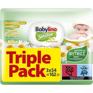 BABYLINO | Μωρομάντηλα Sensitive Χωρίς Άρωμα 3x54 Τεμάχια