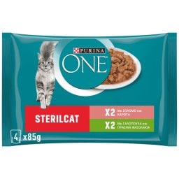 PURINA ONE | Γατοτροφή Sterilcat Σολομός Καρότα Γαλοπούλα Φασολάκια 4x85g