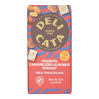 DELICATA | Σοκολάτα Γάλακτος Φιστίκι Καραμελωμένο Αμύγδαλο 150g