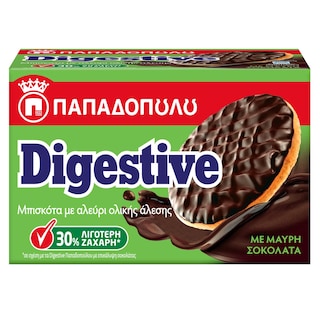 ΠΑΠΑΔΟΠΟΥΛΟΥ | Μπισκότα Digestive Μαύρη Σοκολάτα 30% Λιγότερη Ζάχαρη 200g