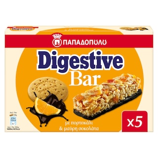 ΠΑΠΑΔΟΠΟΥΛΟΥ | Μπάρες Δημητριακών Digestive Μαύρη Σοκολάτα Πορτοκάλι 5x28g