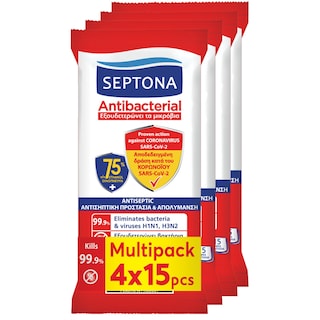 SEPTONA | Αντιβακτηριδιακά Μαντηλάκια 75% Οινόπνευμα 4x15 Τεμάχια