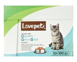 LOVEPET | Γατοτροφή Πουλερικά Ψάρι Συκώτι σε Σάλτσα 12x100g