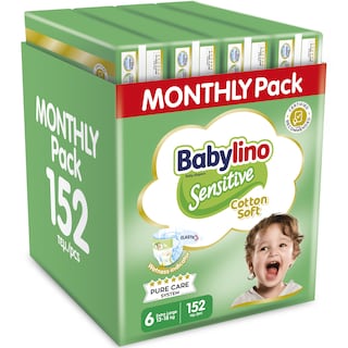 BABYLINO | Πάνες Μωρού Sensitive Cotton Soft No6 Αποκλειστικά Online 114+38 Τεμάχια Δώρο