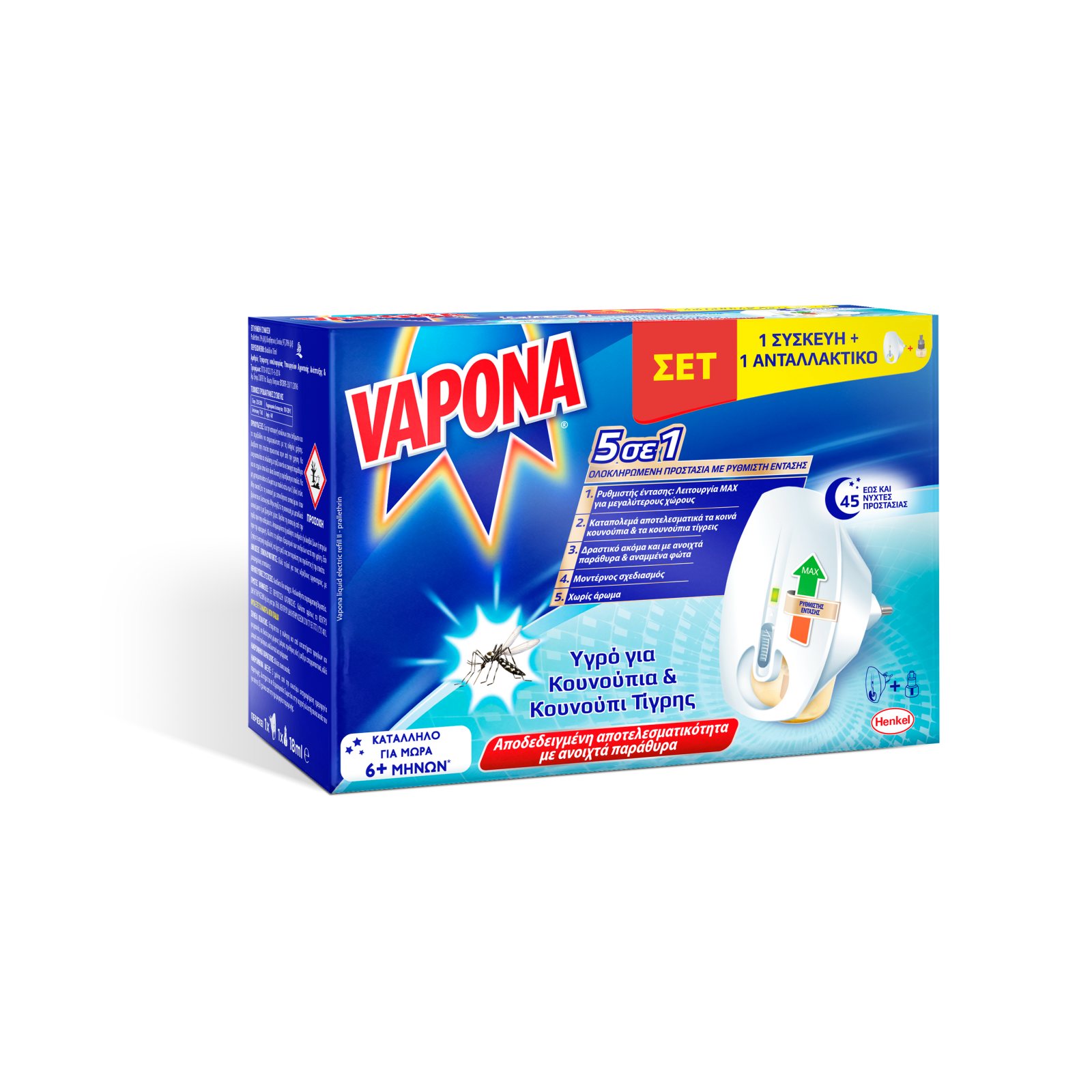 VAPONA Αντικουνουπικό Υγρό Σετ Συσκευή με Ανταλλακτικό 45 Νύχτες 1 Τεμάχιο