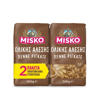 MISKO | Μακαρόνι Πέννε Ριγκάτε Ολικής Άλεσης 2x500g