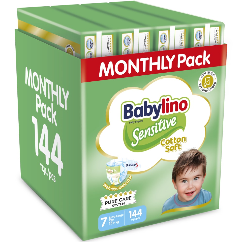 BABYLINO Πάνες Μωρού Sensitive Cotton Soft No7 Αποκλειστικά Online 108+36 Τεμάχια Δώρο