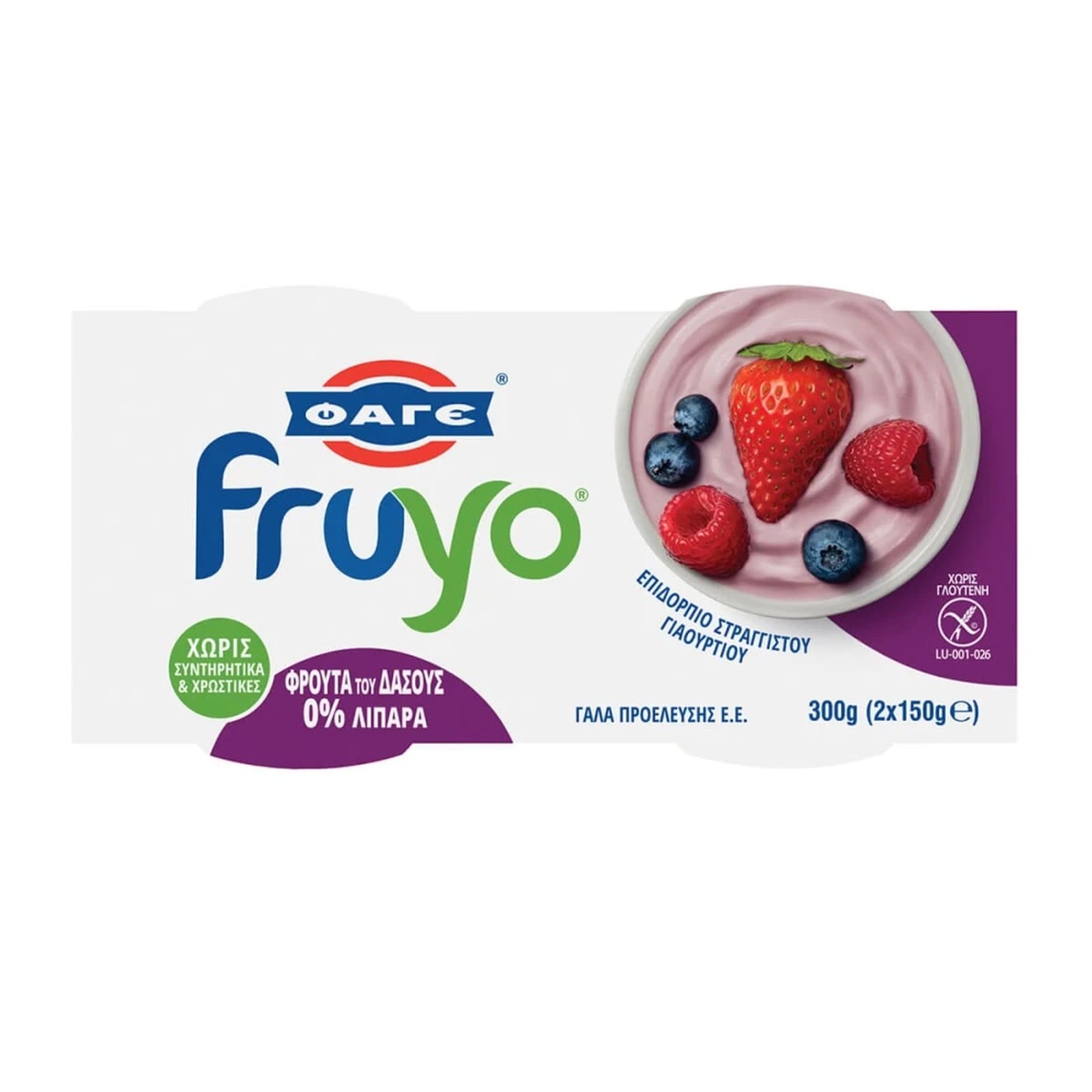 FRUYO Επιδόρπιο Στραγγιστού Γιαουρτιού 0% Φρούτα του Δάσους 2x150g
