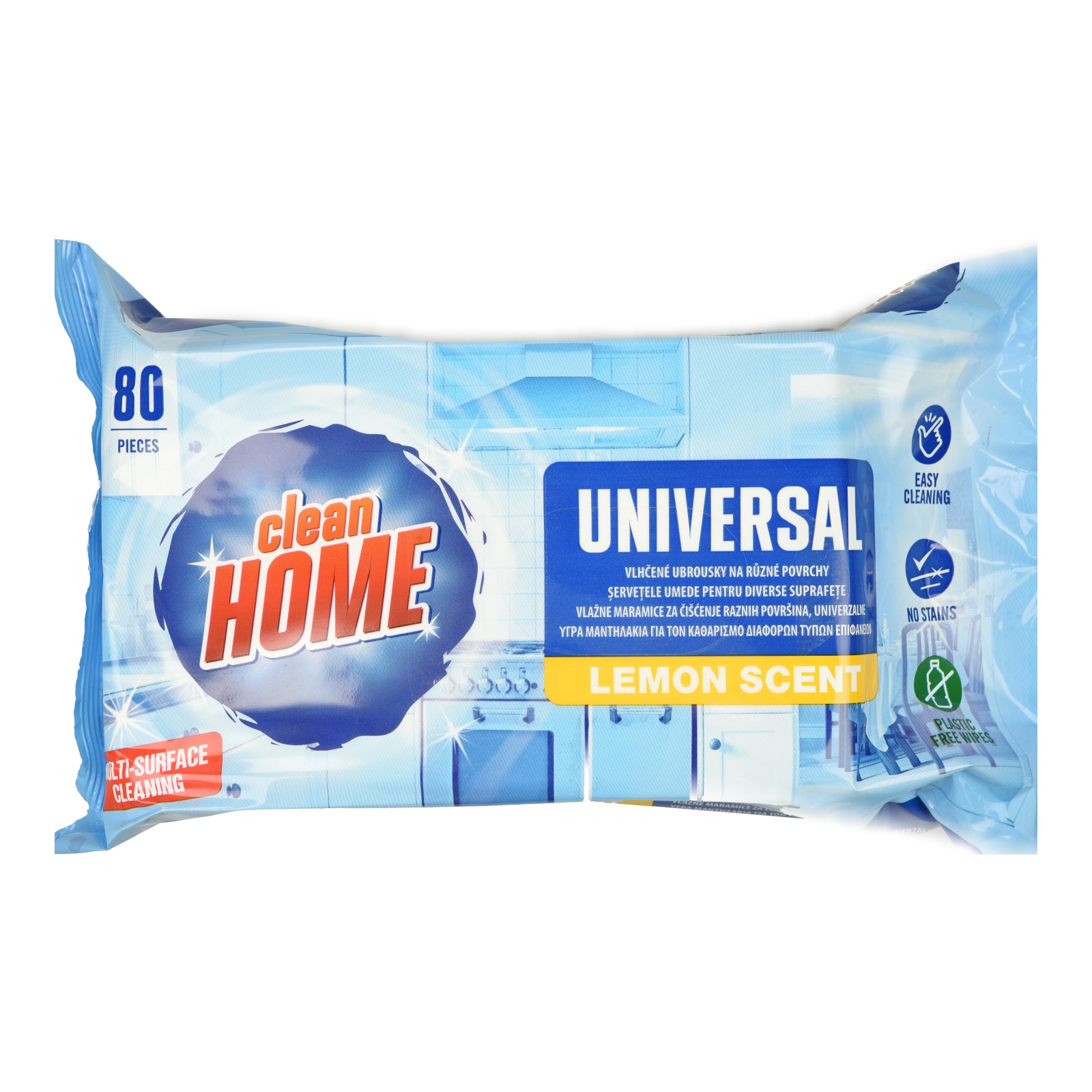 CLEAN HOME Υγρά Μαντηλάκια Καθαρισμού Επιφανειών Λεμόνι 80 Τεμάχια