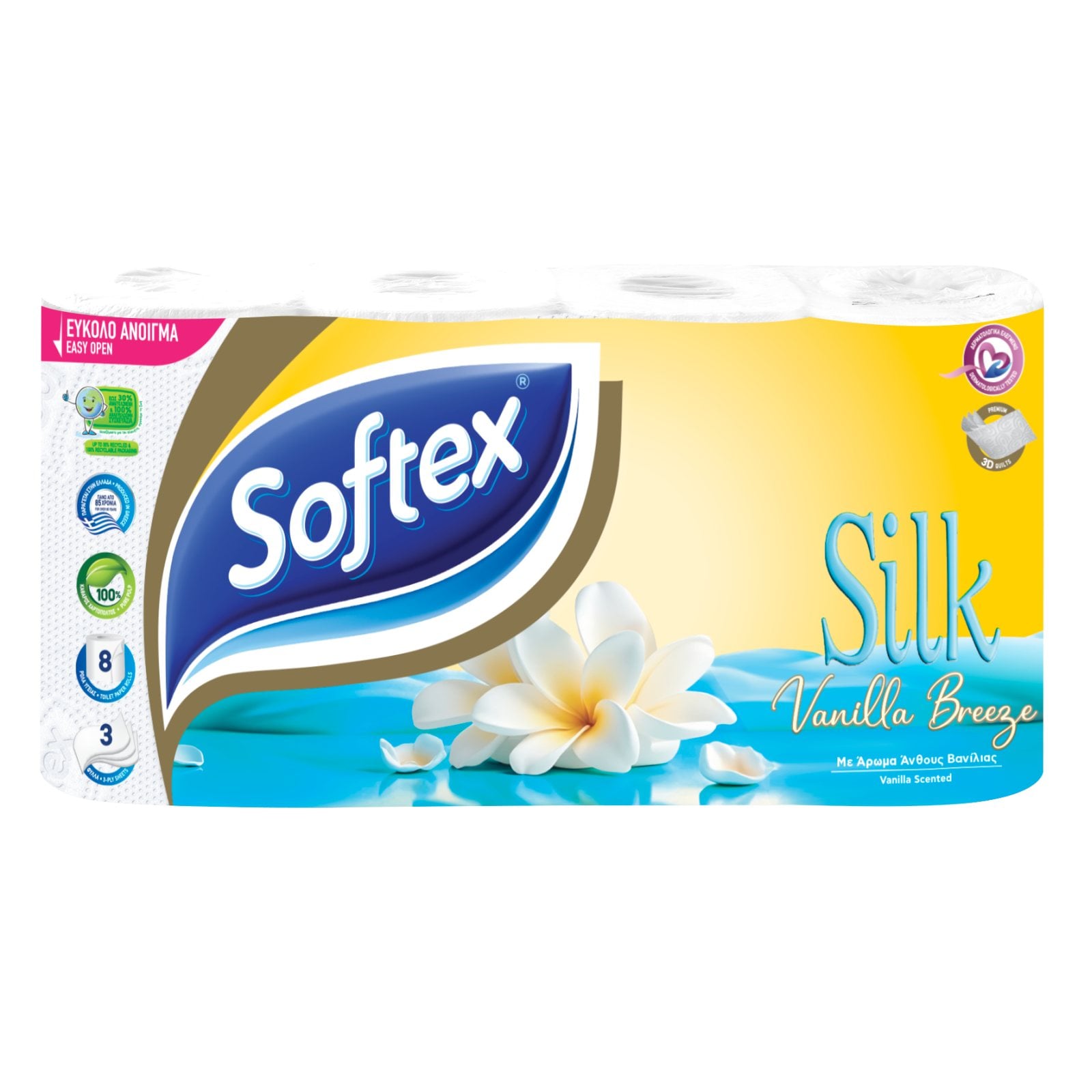SOFTEX Χαρτί Υγείας Silk Vanilla 3 Φύλλα 8 Ρολά 760g