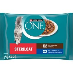 PURINA ONE | Γατοτροφή Sterilcat Πάπια Καρότα Σαρδέλες Φασολάκια 4x85g