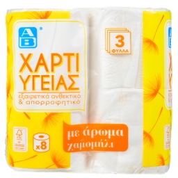 ΑΒ | Χαρτί Υγείας Χαμομήλι 3 Φύλλα 8 Ρολά 736g