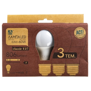 Λάμπα Led Classic E27 9.5W 3 Τεμάχια