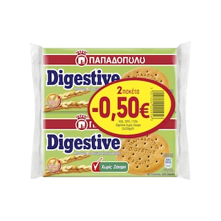 ΠΑΠΑΔΟΠΟΥΛΟΥ | Μπισκότα Digestive Χωρίς Ζάχαρη 2x250g Έκπτωση 0.50Ε