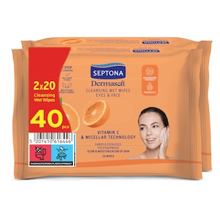 SEPTONA | Υγρά Μαντηλάκια Ντεμακιγιάζ Dermasoft Vitamin C Micellar 2x20 Tεμάχια