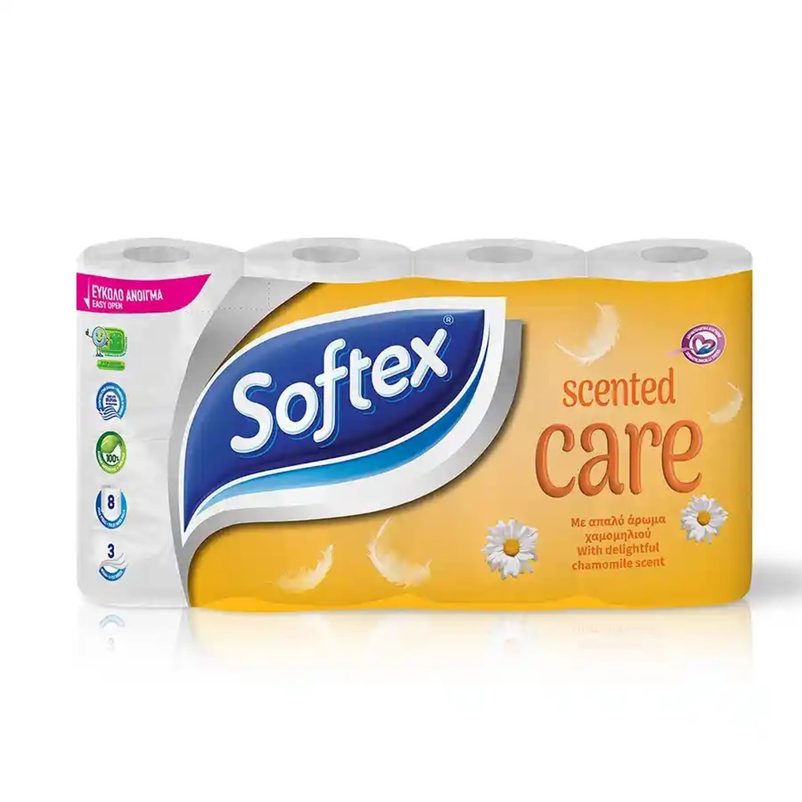 SOFTEX Χαρτί Υγείας Care Χαμομήλι 3 Φύλλα 8 Ρολά 624g