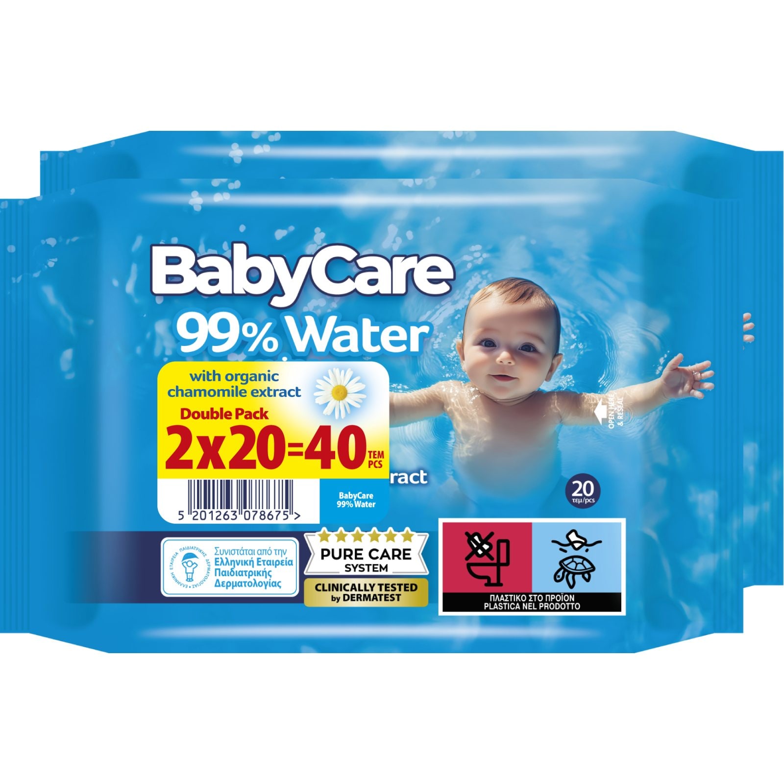 BABY CARE Μωρομάντηλα 99% Water 2x20 Τεμάχια