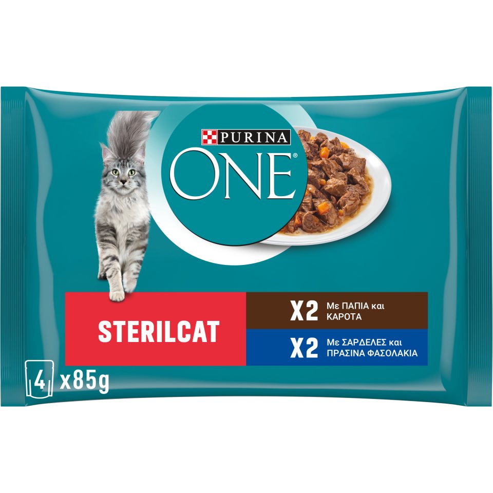 PURINA ONE Γατοτροφή Sterilcat Πάπια Καρότα Σαρδέλες Φασολάκια 4x85g