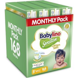 BABYLINO | Πάνες Μωρού Sensitive Cotton Soft No5+ Αποκλειστικά Online 126+42 Τεμάχια Δώρο