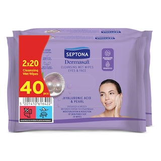 SEPTONA | Υγρά Μαντηλάκια Ντεμακιγιάζ Dermasoft Hyaluronic 2x20 Tεμάχια