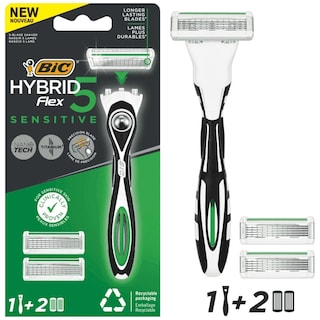 BIC | Ξυριστική Μηχανή Hybrid Flex 5 Sensitive + 2 Ανταλλακτικά 1 Τεμάχιο
