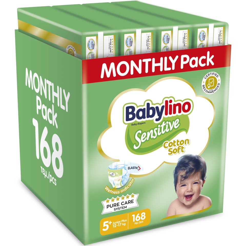 BABYLINO Πάνες Μωρού Sensitive Cotton Soft No5+ Αποκλειστικά Online 126+42 Τεμάχια Δώρο