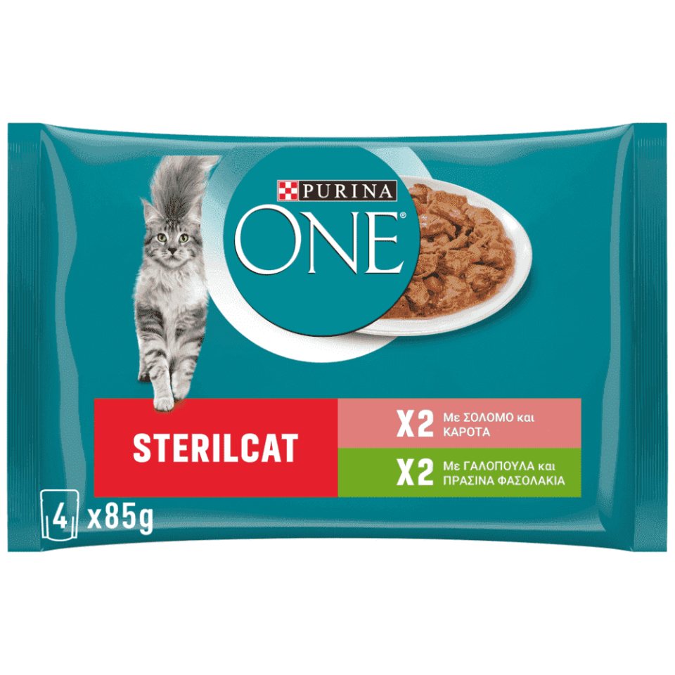 PURINA ONE Γατοτροφή Sterilcat Σολομός Καρότα Γαλοπούλα Φασολάκια 4x85g