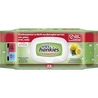 WET HANKIES | Antibacterial Wipes Clean & Refresh Lemon 72 Pieces