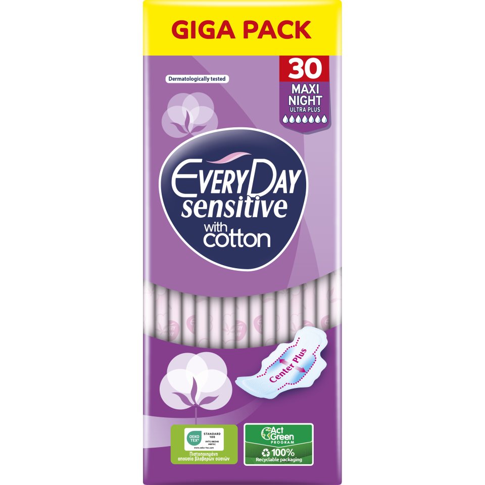 EVERY DAY Σερβιέτες Sensitive Cotton Maxi Night Ultra Plus 30 Τεμάχια